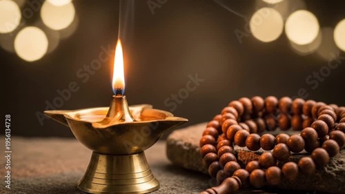 Traditional brass oil lamp and prayer beads on stone background for mahavir jayanti and buddha purnima celebration rituals with selective focus and warm golden lighting