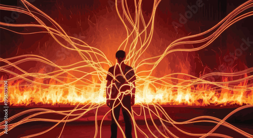 Silhouetted man standing before a large fire with vibrant orange streaks