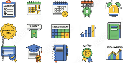 Education management and academic progress tracking icon set