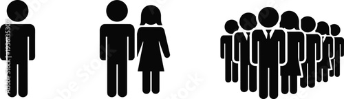 People silhouette icons, individual, couple, group, community, social gathering, demographics, organizational structure, black and white artwork, social behavior illustration