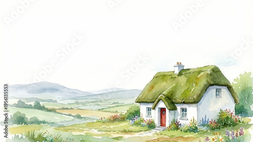 Charming watercolor painting depicts a traditional white Irish cottage with a vibrant green thatched roof nestled in rolling pastoral countryside hills.