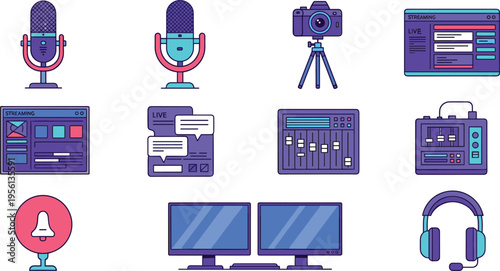 Professional live streaming and podcasting studio equipment icon set