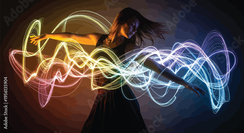 Woman dancing with colorful light trails in a dark room