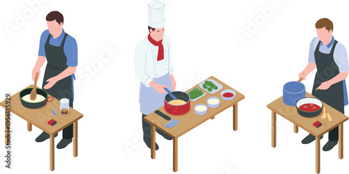 Isometric chefs cooking meals in kitchen, professional cooks preparing food with pots and pans, culinary process, restaurant workflow illustration
