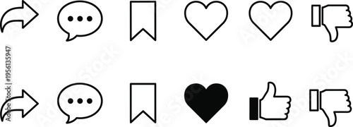 Social media icons, user interface symbols, reply, comment, bookmark, like, dislike, heart, thumbs up, thumbs down, interaction design, digital