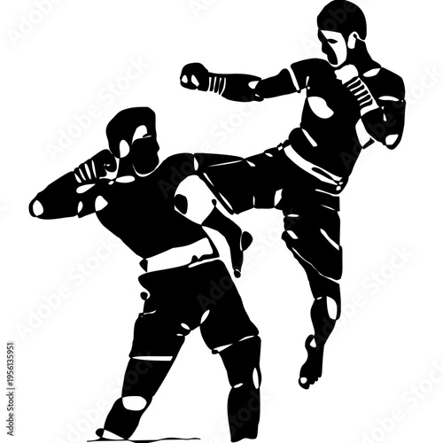 Minimal black silhouette of Muay Thai fighters performing traditional techniques. Dynamic vector design showing combat, power, and motion, ideal for prints, textiles, posters, and sports themes.