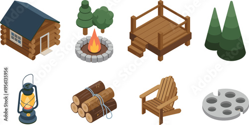 Isometric camping outdoor icons set with wooden cabin campfire trees lantern logs chair forest adventure nature 3d illustration design