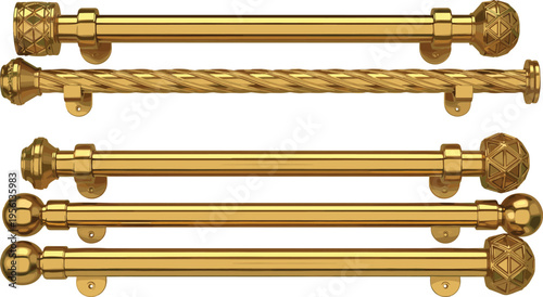 Set of golden curtain rods with decorative finials, luxury interior hardware collection isolated realistic vector illustration design