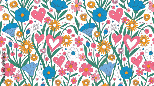 Vibrant whimsical folk art seamless floral pattern featuring colorful blossoms, playful pink hearts, and lush green foliage. Charming background for prints and textiles