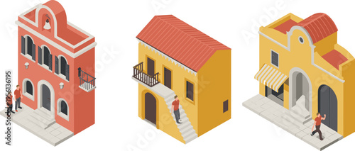 Isometric colonial houses set with colorful facades balconies stairs urban architecture illustration vector design concept residential buildings collection