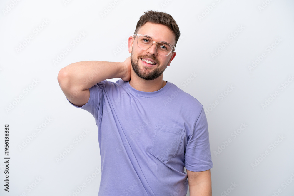 Obraz premium Young caucasian man isolated on white background laughing