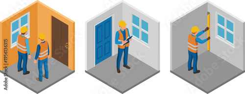 Isometric construction workers measuring inspecting interior room with tools renovation process building maintenance engineering service home improvement 3d illustration concept