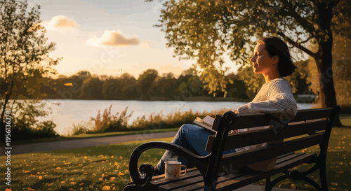 Woman sitting on a park bench with a book and coffee