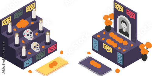 Isometric Day of the Dead altar illustration, Mexican Dia de los Muertos ofrenda with candles, skulls, marigold flowers, cultural tradition