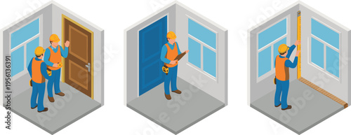 Isometric construction workers measuring inspecting room interior with tools renovation process building maintenance engineering home improvement service 3d illustration concept
