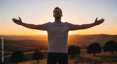 Man standing with arms outstretched in a serene landscape at sunset feeling free and happy outdoors