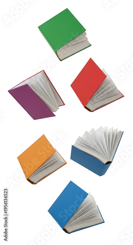 A group of colorful books floating in the air isolated on transparent background