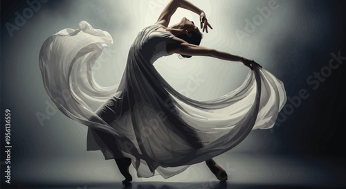Elegant dancer wearing a flowing white dress performing a dynamic movement