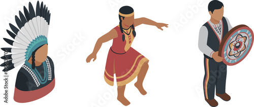 Isometric indigenous people set with traditional dancer, tribal costume and cultural artifacts, ethnic heritage characters, 3D vector illustration design