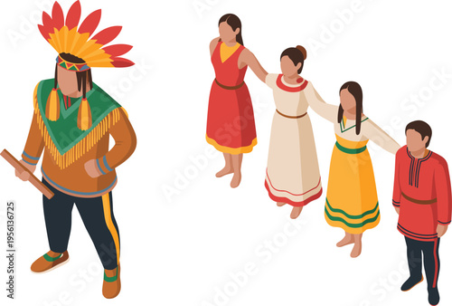 Isometric indigenous people in traditional clothing performing cultural dance, ethnic heritage, tribal costumes, community celebration, folklore illustration concept