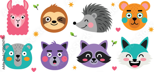 Cute Animal Face Vector Set Featuring Bear Fox Raccoon Sloth Hedgehog Llama Cartoon Characters for Kids Design Emoji Style Flat Illustration Collection