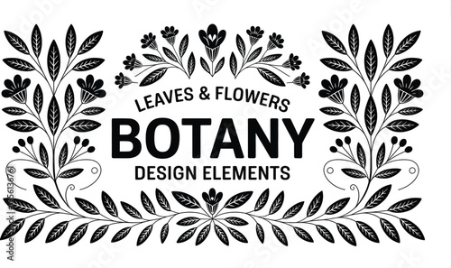 Botanical Design Elements A Vintage Illustration Featuring Elegant Leaves and Flowers for Decorative Projects