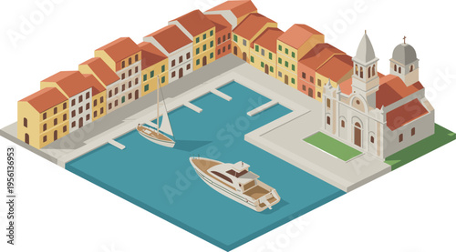 Isometric Mediterranean coastal town marina with boats colorful buildings historic church waterfront travel destination architecture illustration vector design concept