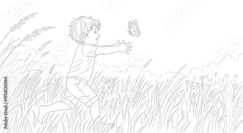 Little boy running through tall grass trying to catch a butterfly