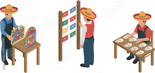 Isometric Mexican artisans crafting traditional folk art, papel picado decorations and sugar skulls, cultural handmade workshop, 3D vector illustration