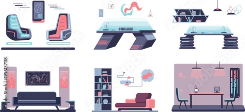 Futuristic Smart Home Interior Vector Set Featuring High Tech Furniture Neon Lighting Digital Devices Modern Living Spaces Flat Illustration Collection for Sci Fi Lifestyle Design
