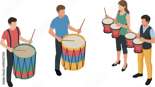 Isometric musicians playing drums illustration, percussion performers with instruments, music band scene, live performance, entertainment event, cultural rhythm concept design