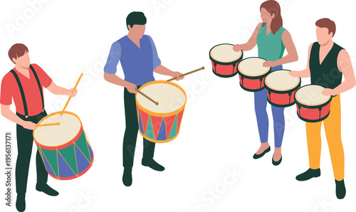 Isometric musicians playing drums illustration, percussion performers with instruments, music band scene, live performance, entertainment event, cultural rhythm concept design