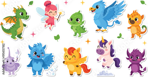 Cute Fantasy Creature Vector Set Featuring Dragon Fairy Unicorn Griffin Cartoon Characters Magical Animals for Kids Design Sticker Style Flat Illustration Collection