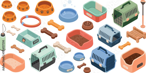 Isometric pet accessories collection, dog cat supplies bowls toys carriers beds grooming feeding equipment vector illustration design set