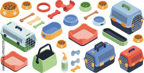 Isometric pet care accessories set, dog cat food bowls carrier toys bed grooming supplies veterinary vector illustration collection design