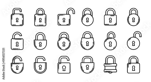 Padlock icons set with various shapes and open or closed states in a simple line art style. featuring lock, security, icon with symbol and collection