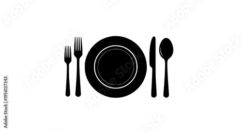 Plate setting with two forks, one knife, and one spoon on a white background, representing dining and cutlery.