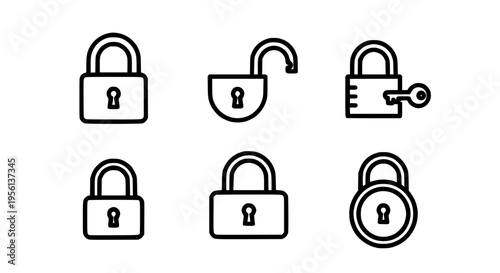 Padlock icons set with various states including locked, unlocked, and key insertion for security and access control applications.