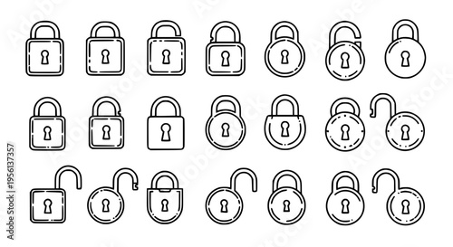 Padlock icons set with various shapes and open/closed states in simple line art style. featuring lock, security, icon with symbol and collection