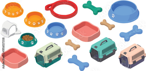 Isometric pet supplies set, dog cat accessories bowls toys carriers beds feeding grooming equipment vector illustration collection design