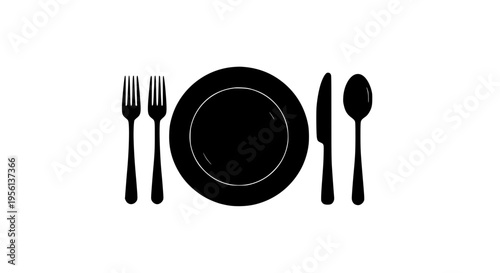 Plate set with two forks, knife, and spoon, presented as a black silhouette icon for dining or restaurant services.