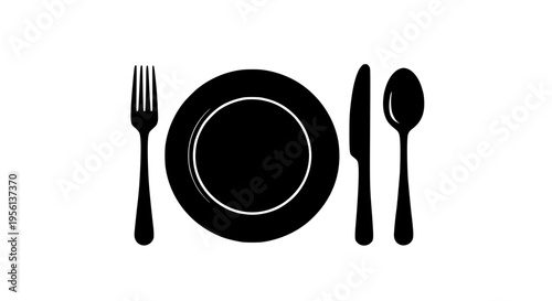 Plate with fork, knife, and spoon icons representing dining and meal service in a simple black silhouette.
