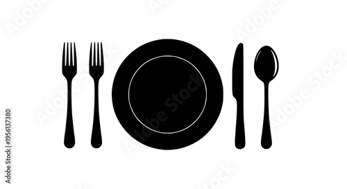 Plate with two forks, a knife, and a spoon icon for dining and meal settings on white background featuring fork, cutlery, food with eating and set