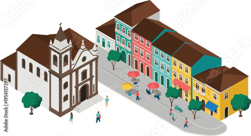 Isometric Portuguese colonial street illustration, historic church and colorful houses, urban village scene, cultural heritage architecture, travel tourism concept design