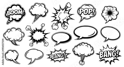 Speech bubble collection with comic book style sound effects like Boom, Pop, and Bang featuring explosion, talking, dialogue with cartoon and retro