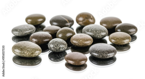 Smooth, polished stones in various shades of brown and gray, reflecting on a surface