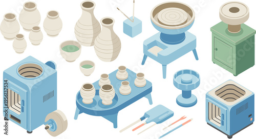 Isometric pottery workshop set, ceramic wheel kiln tools vases handmade craft studio equipment vector illustration collection design elements