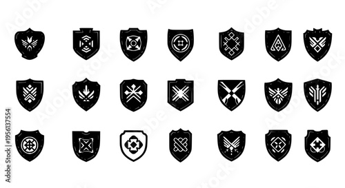 Shield emblem icons with abstract geometric patterns and military-style designs for badges and emblems