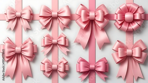 A collection of pink ribbons and bows on a white background