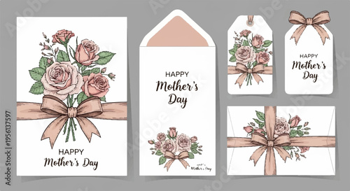 Mother's day gift tags and cards with pink roses and ribbons for greeting and celebration
